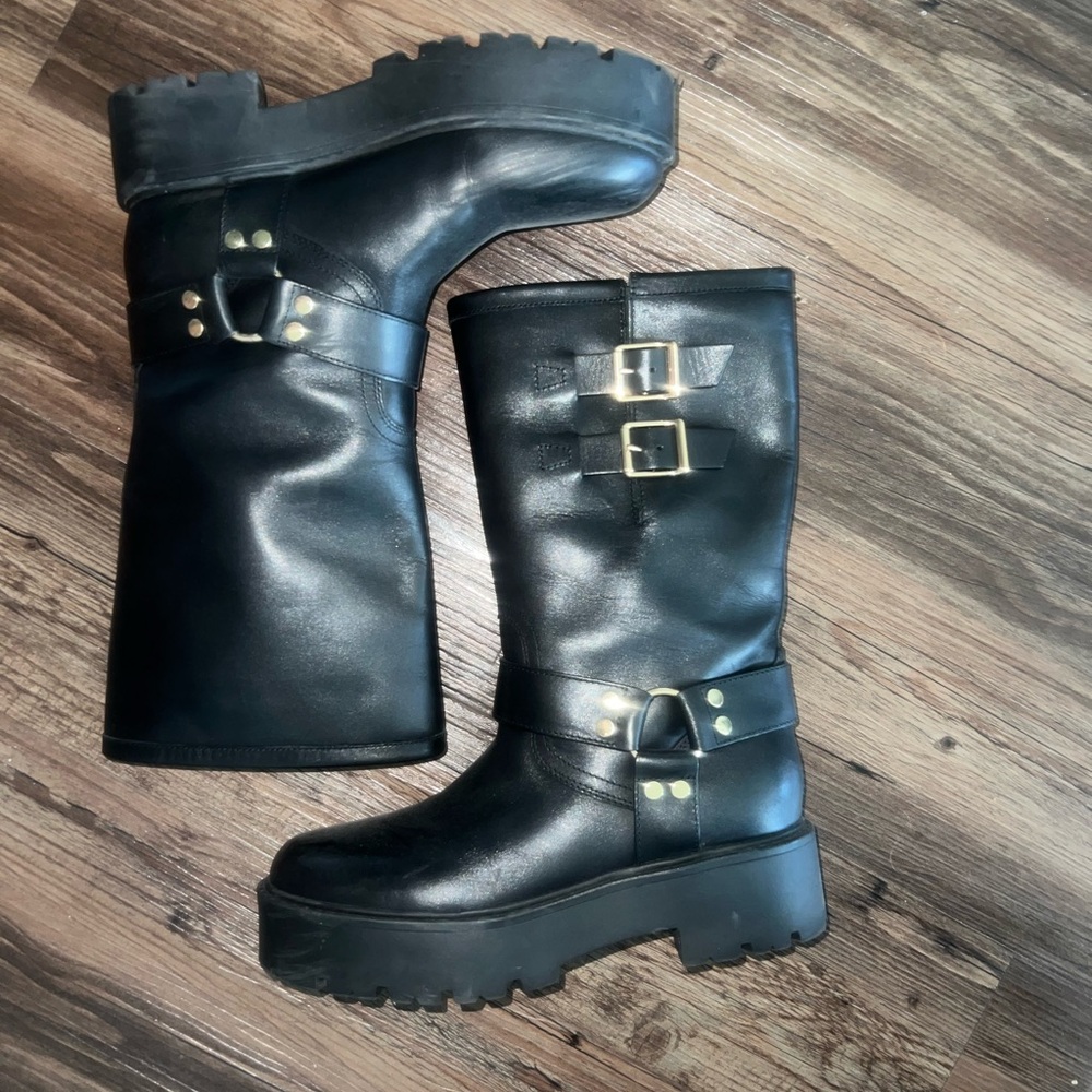 Marc Fisher Black Combat Moto Boots with Buckle Details
